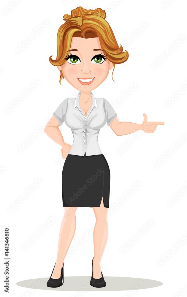 Young cartoon businesswomen. Beautiful smiling girl in working situation. Fashionable modern lady making pointing gesture. Vector illustration. EPS10 Young cartoon businesswomen. Beautiful smiling girl in working situation. Fashionable modern lady making pointing gesture. Vector illustration. EPS10
