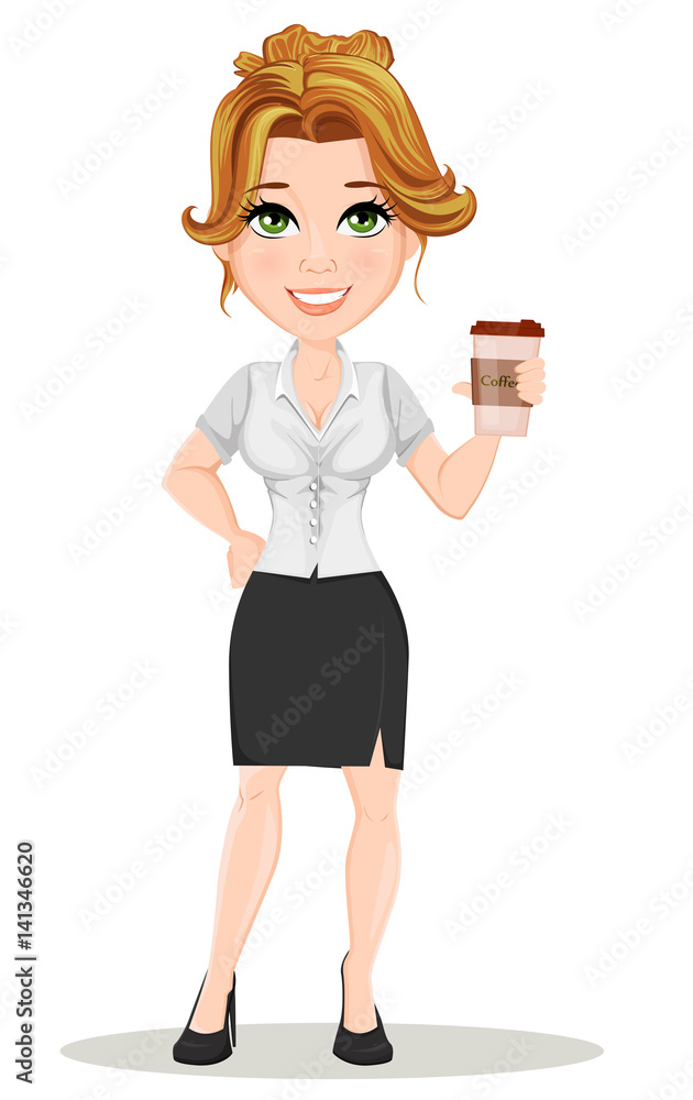 Young cartoon businesswomen. Beautiful smiling girl in working situation. Fashionable modern lady holding hot tasty coffee while coffee break. Vector illustration. EPS10 Young cartoon businesswomen. Beautiful smiling girl in working situation. Fashionable modern lady holding hot tasty coffee while coffee break. Vector illustration. EPS10