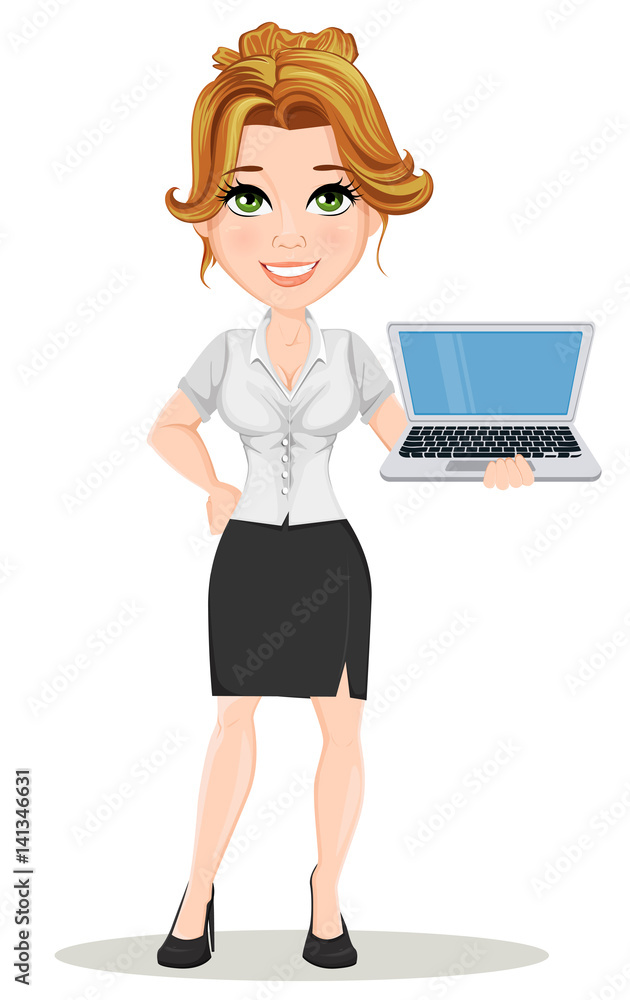 Young cartoon businesswomen. Beautiful smiling girl in working situation. Fashionable modern lady holding laptop. Vector illustration. EPS10 Young cartoon businesswomen. Beautiful smiling girl in working situation. Fashionable modern lady holding laptop. Vector illustration. EPS10