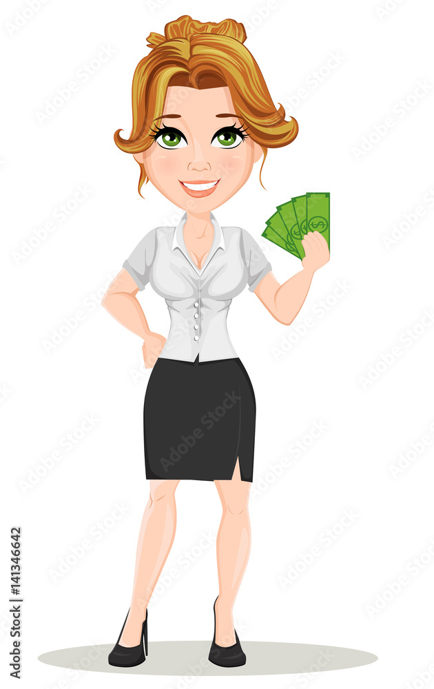 Young cartoon businesswomen. Beautiful smiling girl in working situation. Fashionable modern lady holding money. Vector illustration. EPS10 Young cartoon businesswomen. Beautiful smiling girl in working situation. Fashionable modern lady holding money. Vector illustration. EPS10
