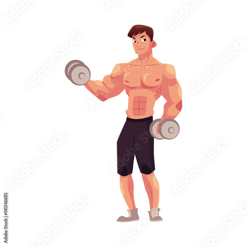 Young man, male bodybuilder, weightlifter doing bicep workout, training arms with two dumbbells, cartoon vector illustration isolated on white background. Male bodybuilder doing bicep workout