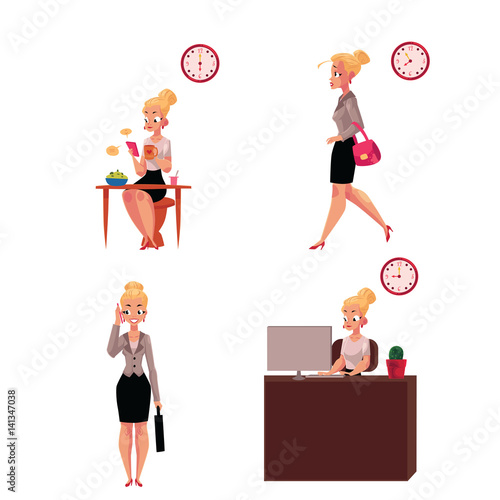 Work day of beautiful young businesswoman - breakfast, hurrying, talking by phone, in office, cartoon vector illustration isolated on white background. Work day of businesswoman, business woman