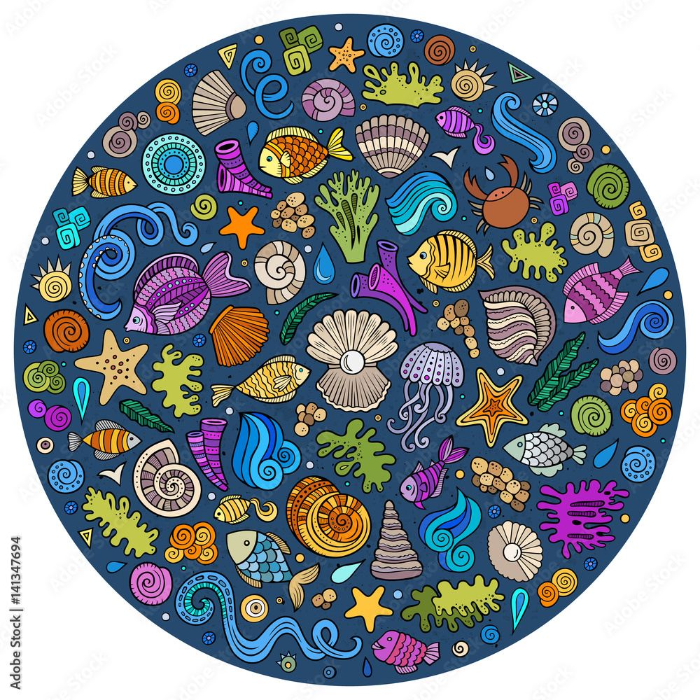 Obraz premium Set of Sealife cartoon doodle objects, symbols and items