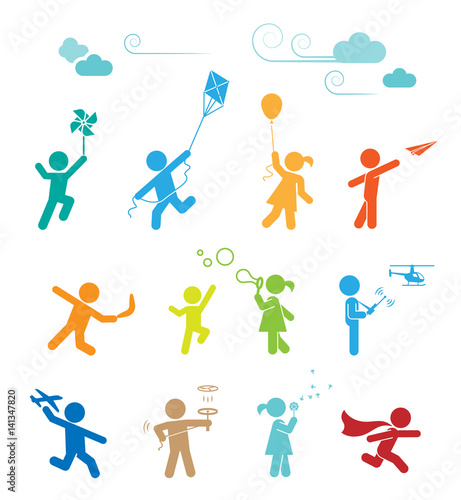 Set of pictograms representing children playing and having fun. Amusing outdoor activities for kids. 