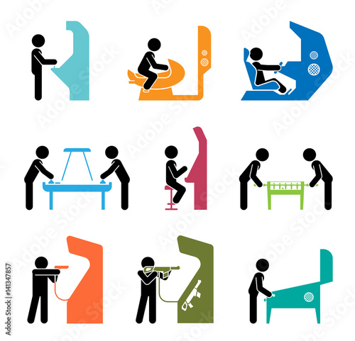 Pictograms representing people playing games.
Various types of having fun in gaming center. 