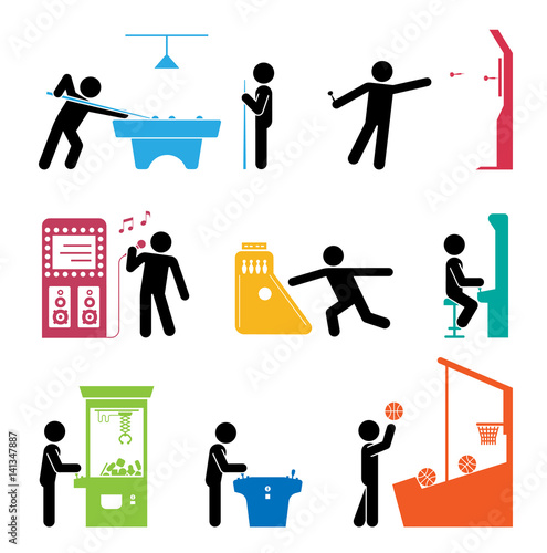 Pictograms representing people playing games.
Various types of having fun in gaming center and amusement parks. 