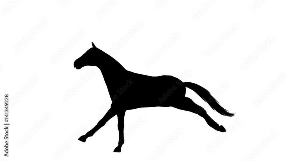 Black silhouette of animated galloping horse. Alpha channel. Alpha matte. 4K. Black silhouette of animated galloping horse. Alpha channel. Alpha matte. 4K.