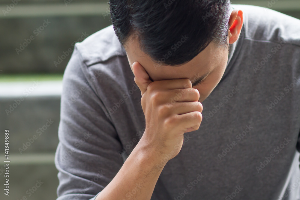 sick asian man having headache, stress sick asian man having headache, stress