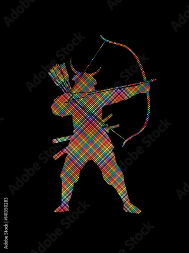 Samurai Warrior with bow designed using colorful pixels graphic vector.