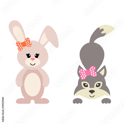 cartoon bunny and wolf girl with bow vector