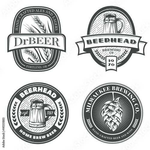 Set of vintage beer emblems, labels and badges. Vector illustration. Brewery logo design elements.