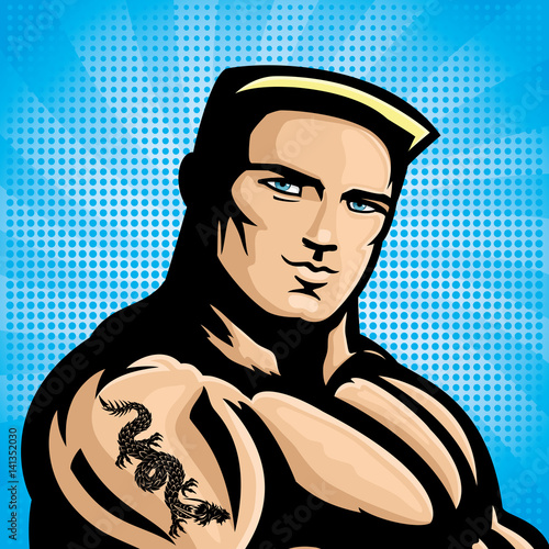 Sexy man with a dragon tattoo.