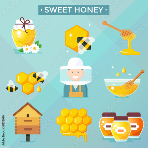 Honey icons, flat design, vector illustration