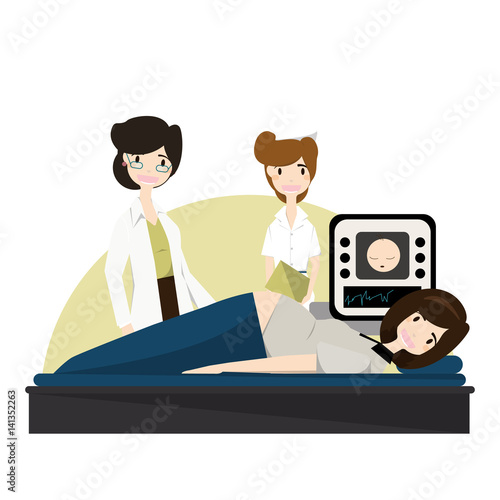 Young pregnant woman on the ultrasound,health check.illustration, vector