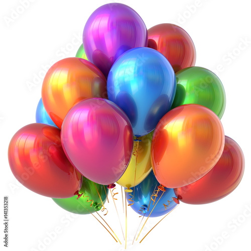Balloons happy birthday party decoration colorful multicolored glossy. Holiday anniversary celebrate new years eve christmas carnival greeting card design element. 3D illustration