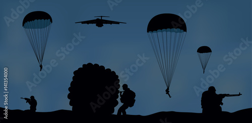 Tela Illustration, airplane and paratroopers.