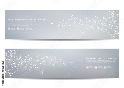 Set of modern scientific banners. Molecule structure DNA and neurons. Abstract background. Medicine, science, technology, business, website templates. Scalable vector graphics.