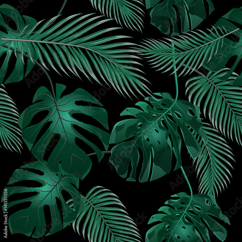 Tropical palm leaves. Jungle thickets. Seamless floral pattern. Isolated on a black background. illustration