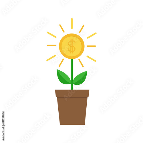 Growing money tree big shining coin with dollar sign Plant in the pot. Financial growth concept. Successful business icon. Flat design. White background. Isolated.