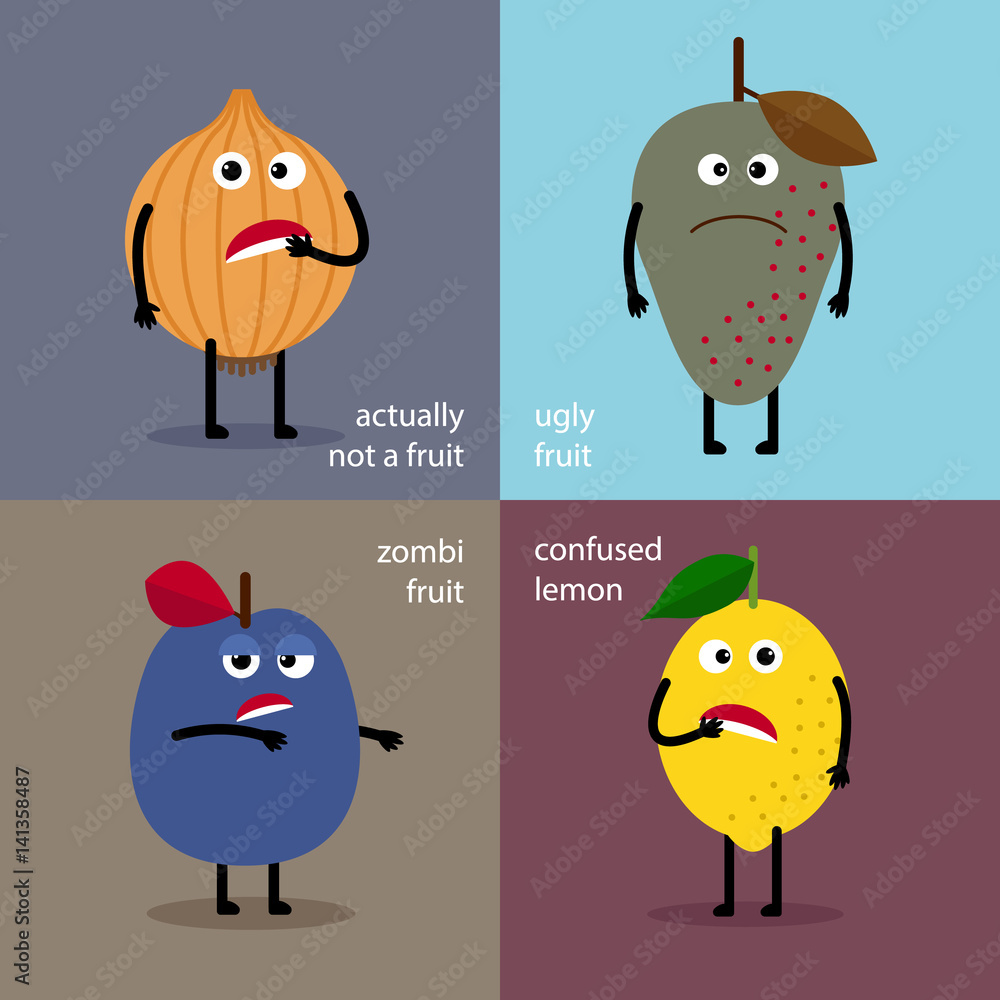 Fototapeta premium Baby cards: plum, lemon, onion and fruit