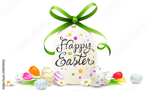 easter egg label lettering decorated with green bow, painted easter eggs and flowers - Happy Easter