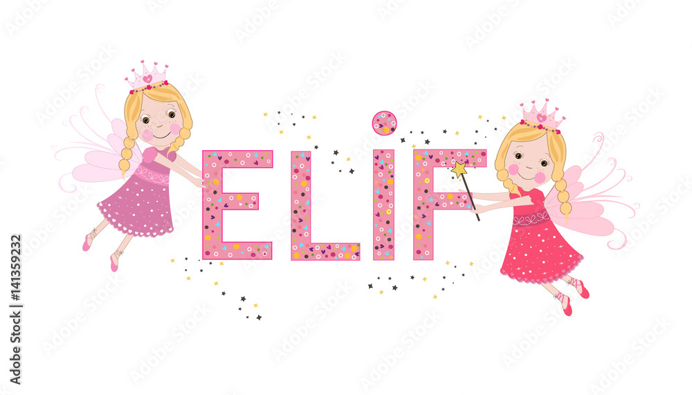 Elif female name with cute fairy tale ilustración de Stock | Adobe Stock