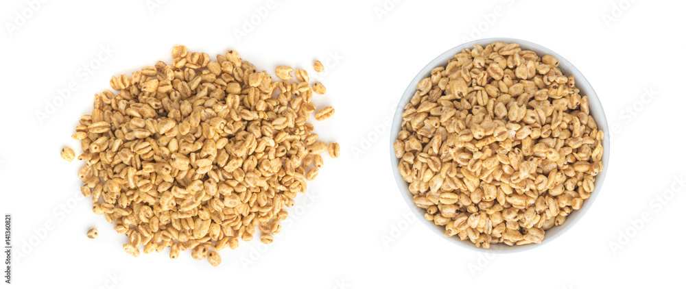 Heap of Puffed Wheat Snack in White Round Bowl Isolated Heap of Puffed Wheat Snack in White Round Bowl Isolated