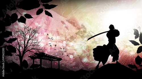 Obraz na plátně Ancient japanese samurai training cartoon character in the real world silhouette