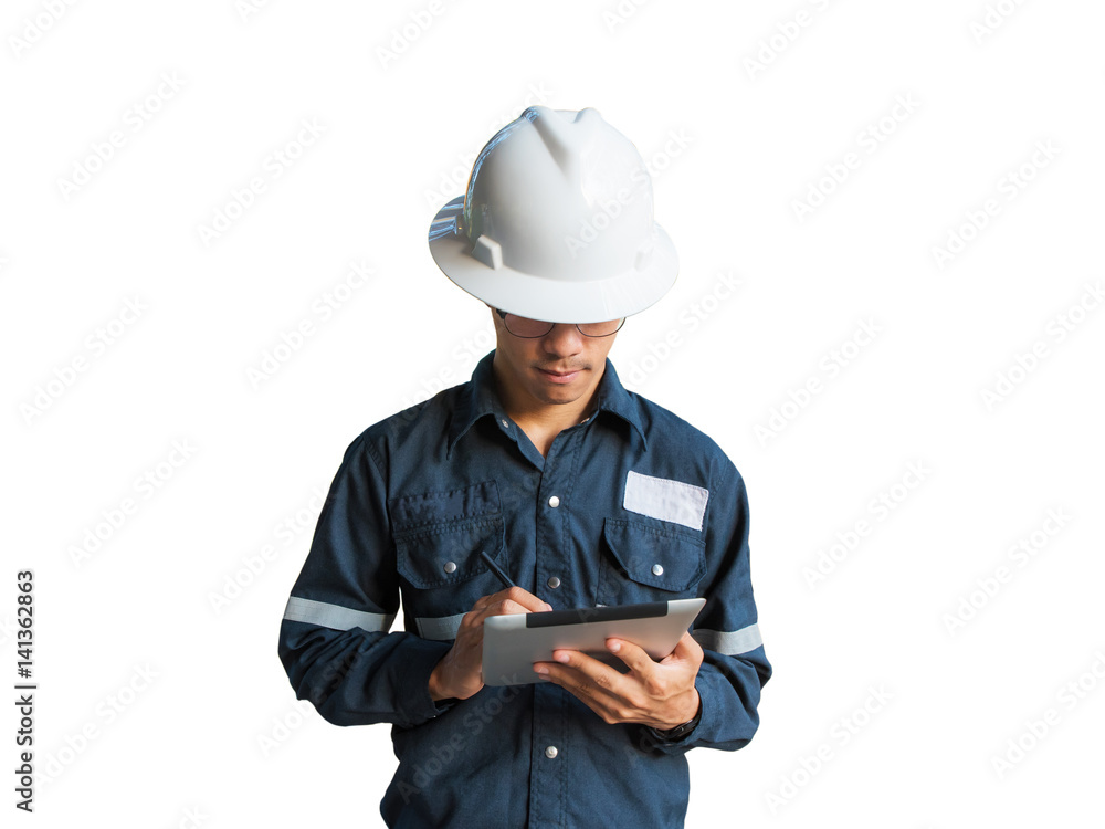 Engineer or Technician in white helmet, glasses and blue working shirt suit using a digital tablet, isolated on white, Electricity and Oil and Gas industrial concept with clipping path.