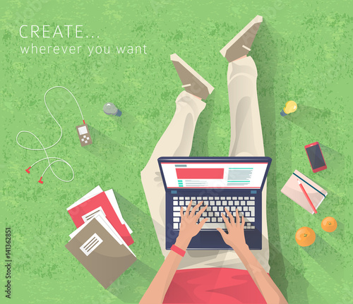 Concept of working at the park. Relaxation. Work wherever you want with pleasure. Creating ideas. E-learning. Freelance. Flat vector illustration.