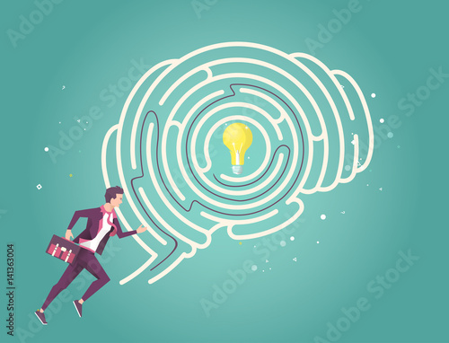 Businessman running through his brain maze to find idea