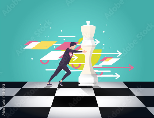  Leader choose the best strategic  way to move chess. Vector flat illustration.