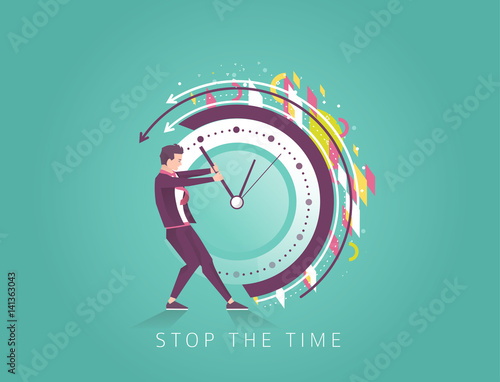 Businessman trying to stop the time.