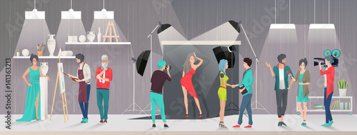 Art studio and Photostudio concept. Reporter and cameraman take interview. Photograph takes picture of Model. Artists and Art critics. Vector flat creative illustration. 