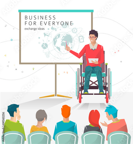 Concept of man with disabilities holding presentation. Disabled man read lecture. Conference. Vector flat illustration