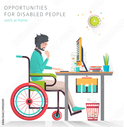 Concept of man with disabilities working with notebook.