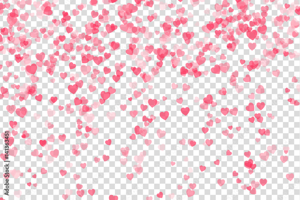 Pink confetti of hearts on a transparent background. Vector Illustration