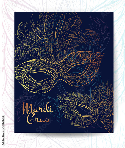 Patterned mask on the grunge background. Mardi Gras festival. Tattoo design. It may be used for design of a t-shirt, bag, postcard, a poster and so on.  