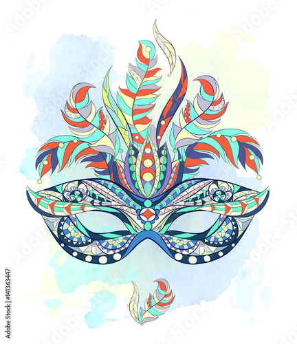 Patterned mask on the grunge background. Mardi Gras festival. Tattoo design. It may be used for design of a t-shirt, bag, postcard, a poster and so on.  
