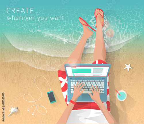 Concept of working at the sea. Relaxation. Work wherever you want with pleasure. Creating ideas. Freelance.