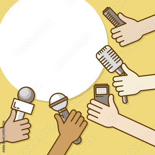 Few hands of journalists with microphones, tape recorder and smartphone. Journalism, live report or hot news, television and radio casts. Vector illustration line style with speech bubble.