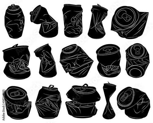 Set of different crushed cans isolated on white