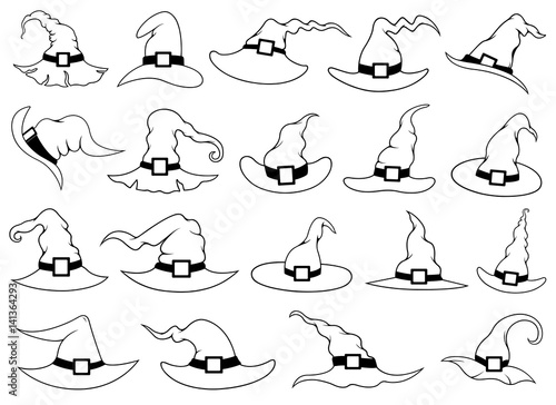 Set of different witch hats isolated on white