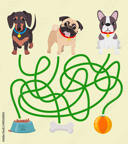 Cute dog educational maze game. Vector illustration of maze(labyrinth) educational game with cute cartoon dachshund, French Bulldog, Pug for children