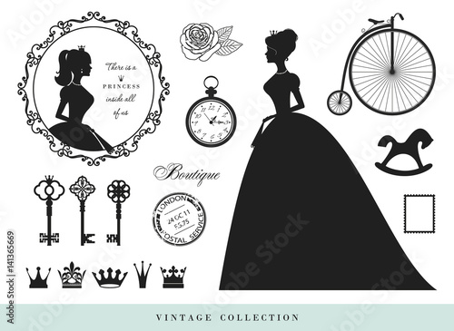 Vintage silhouettes set. Princesses, old keys, crowns stamps rose byke