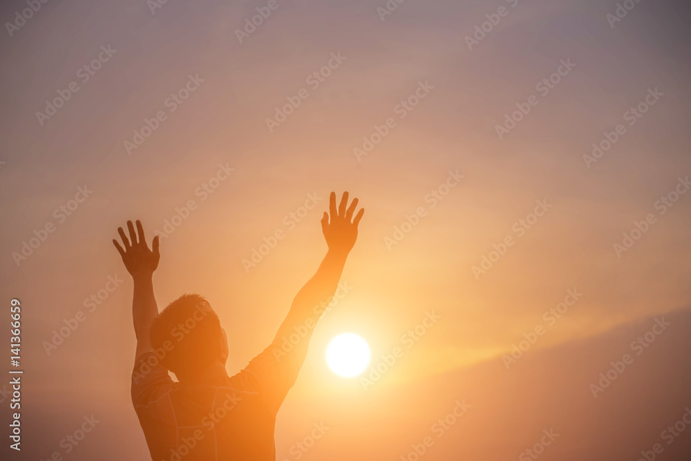 Man show hands silhouette sunset background Man show hands silhouette sunset background
