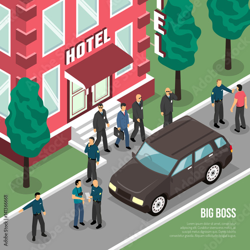 Big Boss With Security Isometric Illustration