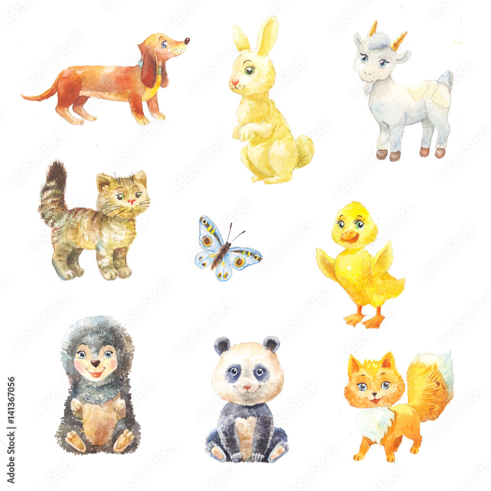 Naklejka premium set of watercolor baby animals suit for children's book. Illustration of cute characters on white.