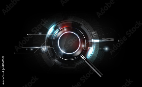 magnifying glass with scan search concept and futuristic electronic technology background, transparent vector