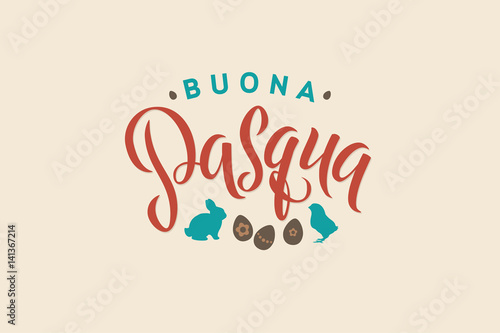 Happy Easter Italian Calligraphy Greeting Card. Modern Brush Lettering. Joyful Wishes, Holiday Greetings. Pastel Background. Bunny and Chicken